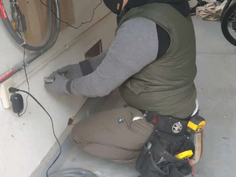 Electrician performing outlet wiring in a Gates garage